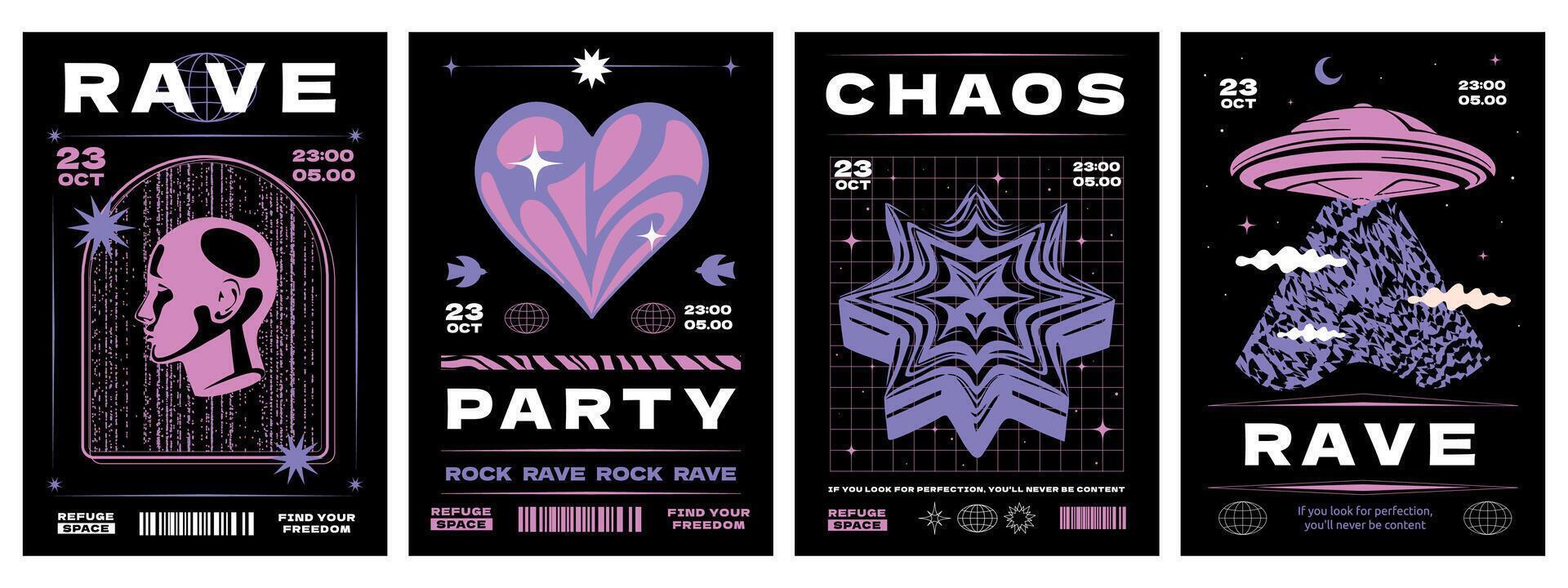 A collection of posters in the style of y2k with a minimalistic futuristic design. A cover templates for a techno party with different minimalistic silhouettes. vector