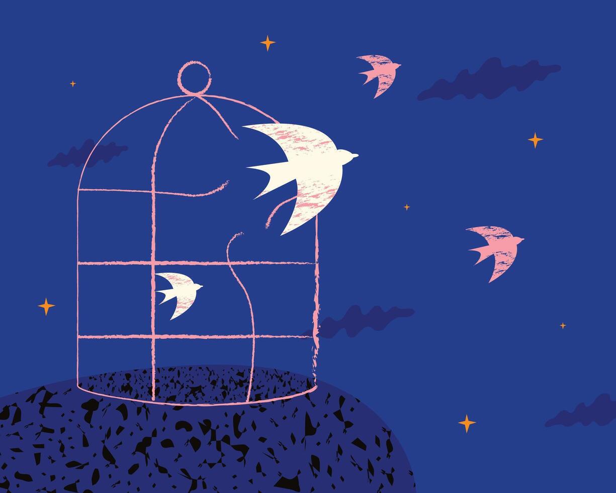 White birds flying out of a broken cage against a dark sky. A symbol of liberation, emigration, escape from abuse, psychological healing. vector