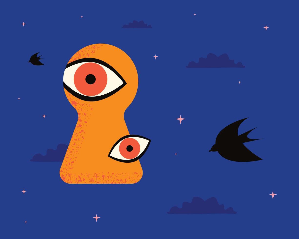 Eyes peeking out of the keyhole. Metaphor is the state of mind of the observer, the search for a solution, the inner position of feeling and awareness. vector