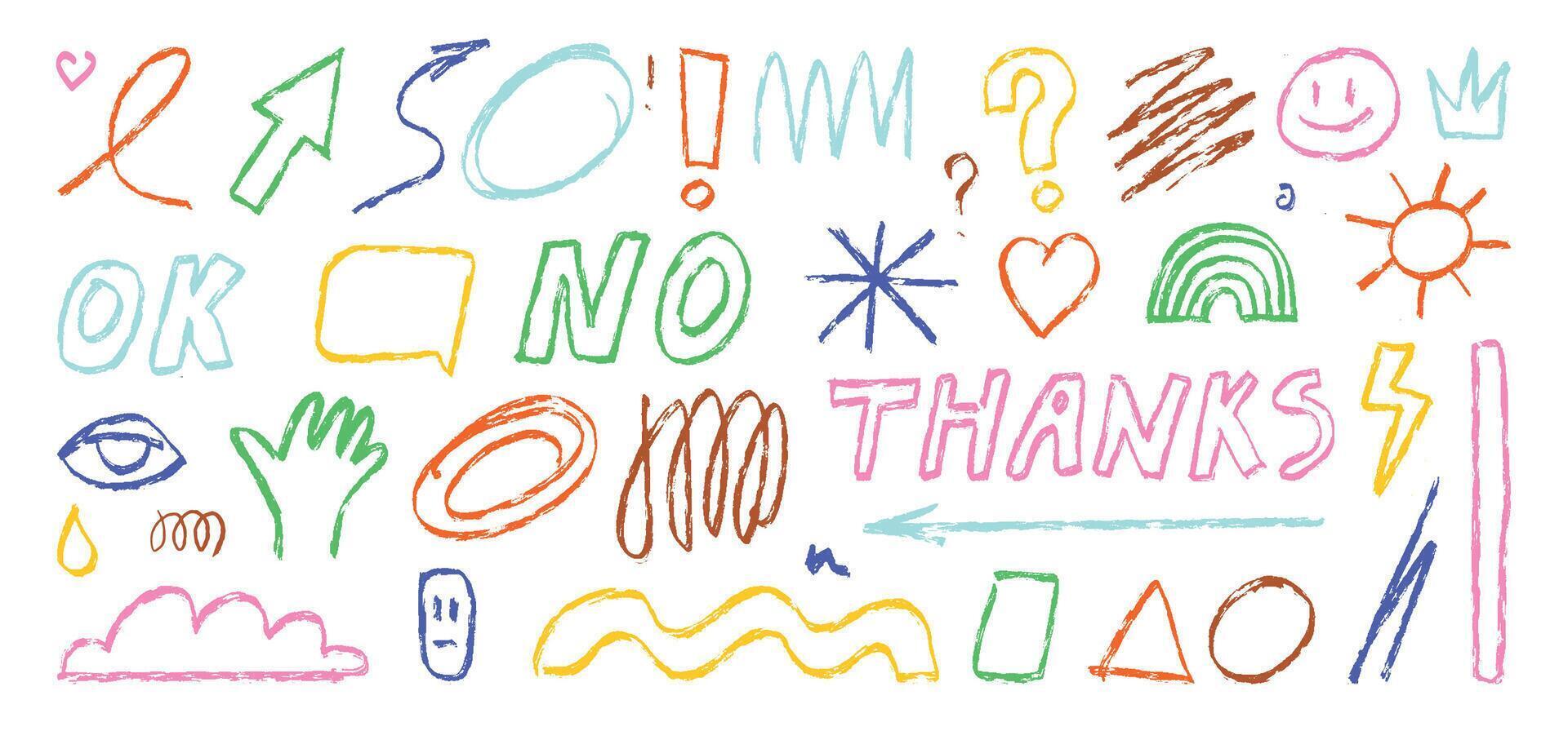 Bright doodles, inscriptions, various handwritten figures, arrows, strokes and scribbles in the style of pencil drawings. Colorful design elements. vector