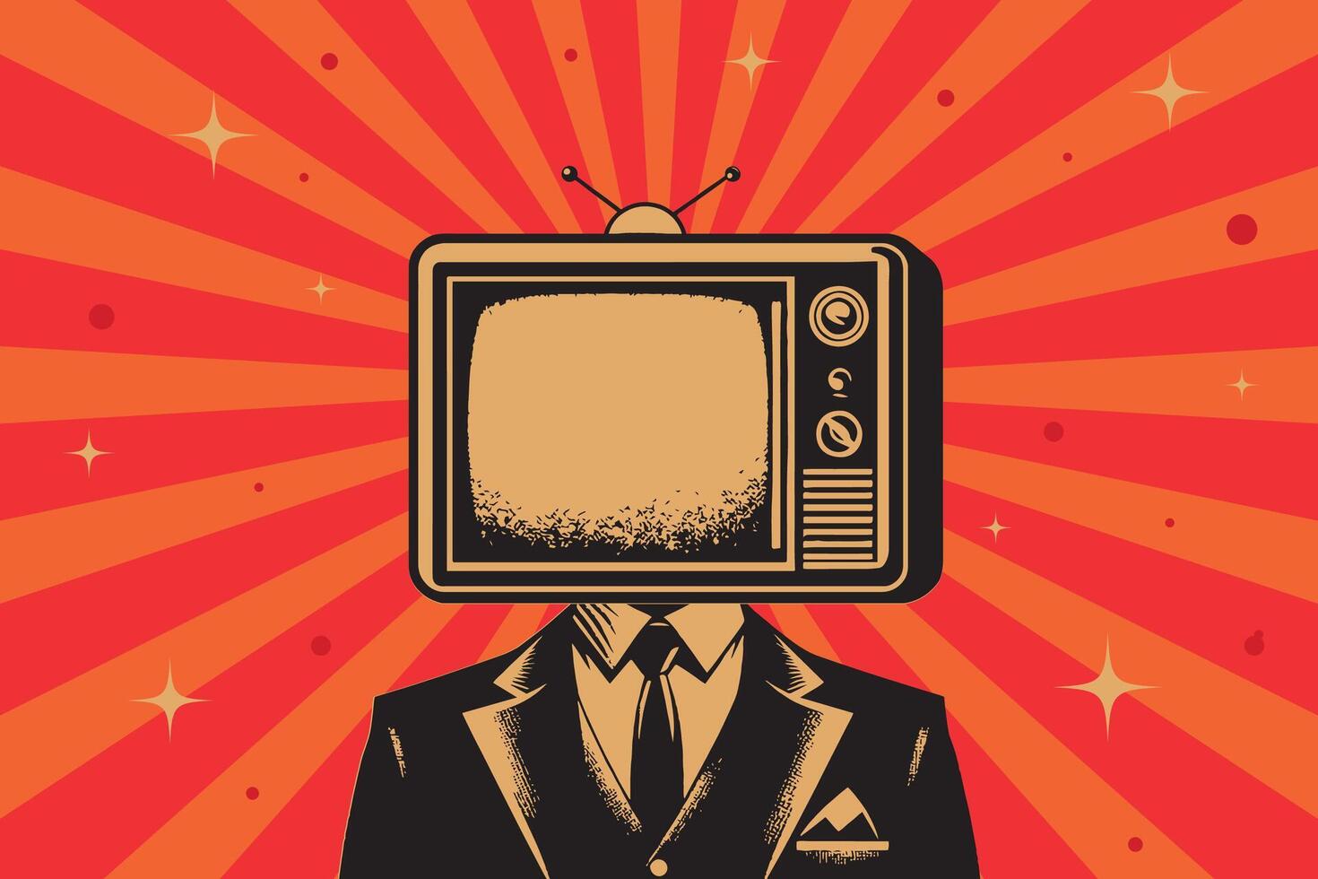 A man in a suit with a TV for a head. Stylized retro engraving illustration. A metaphor for fake and propaganda news. vector