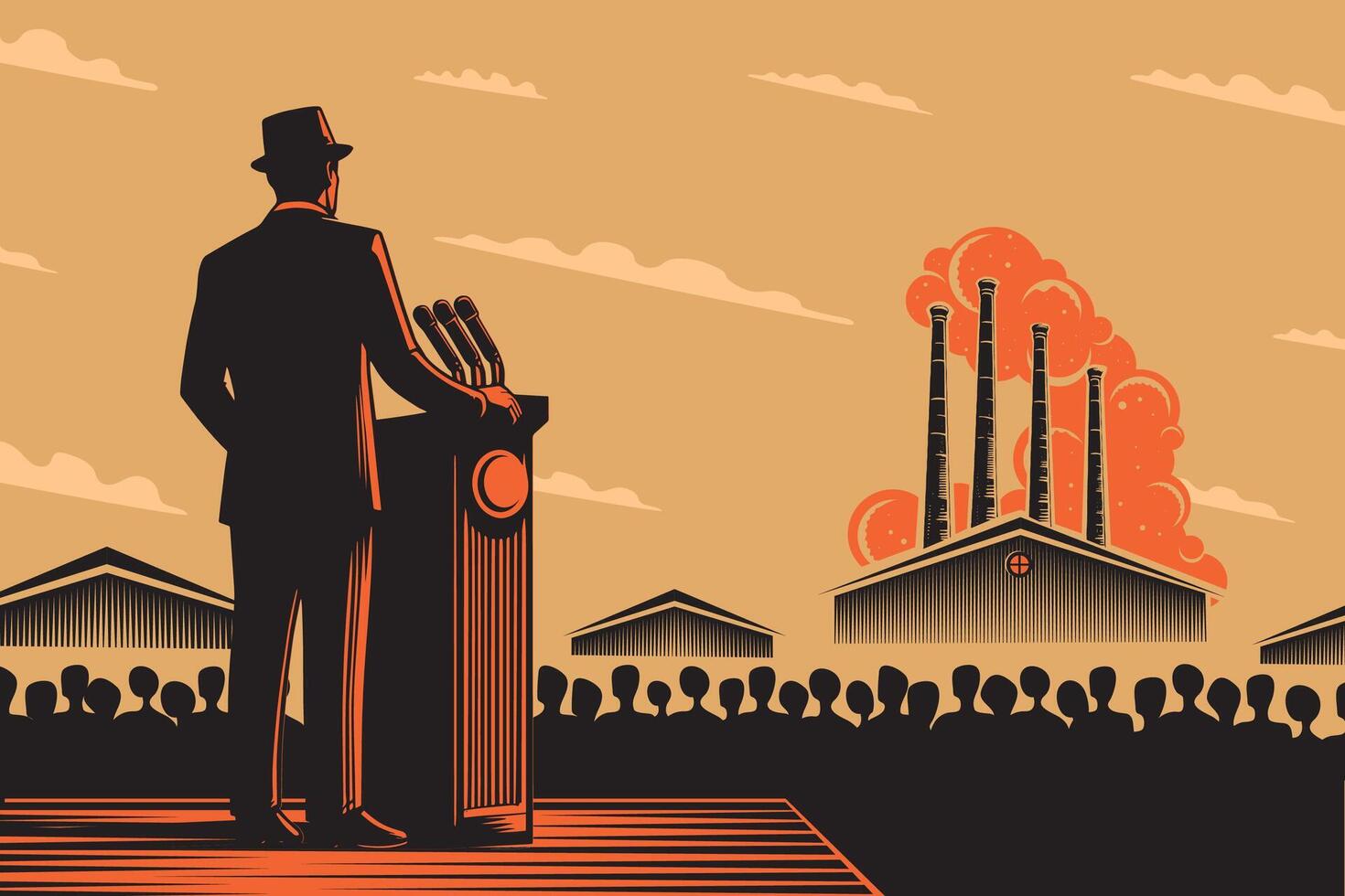 The politician stands on the podium and addresses the crowd of factory workers. Retro engraving drawing. vector