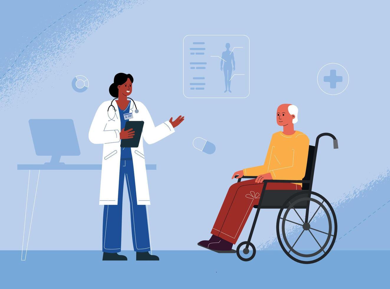 An elderly man with a wheelchair is seeking medical advice. The concept of caring for the health of pensioners. vector