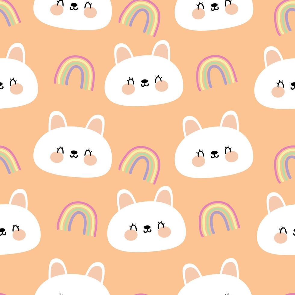 Seamless pattern with cute cartoon white rabbits and rainbows, for fabric prints, textiles, gift wrapping paper. children's flat and colorful style vector
