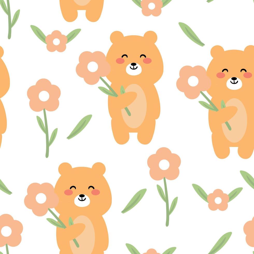 Seamless pattern with cute cartoon bears carrying flowers, for fabric prints, textiles, gift wrapping paper. children's flat and colorful style vector