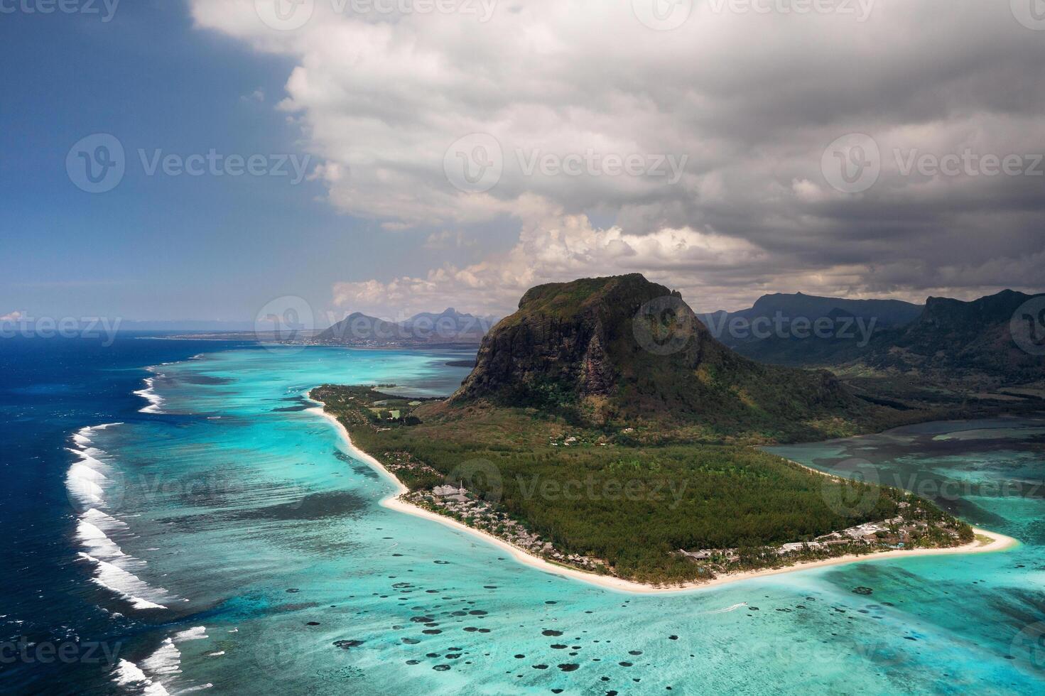 Aerial view of Le Morne Brabant mountain which is in the World Heritage site of the UNESCO. photo