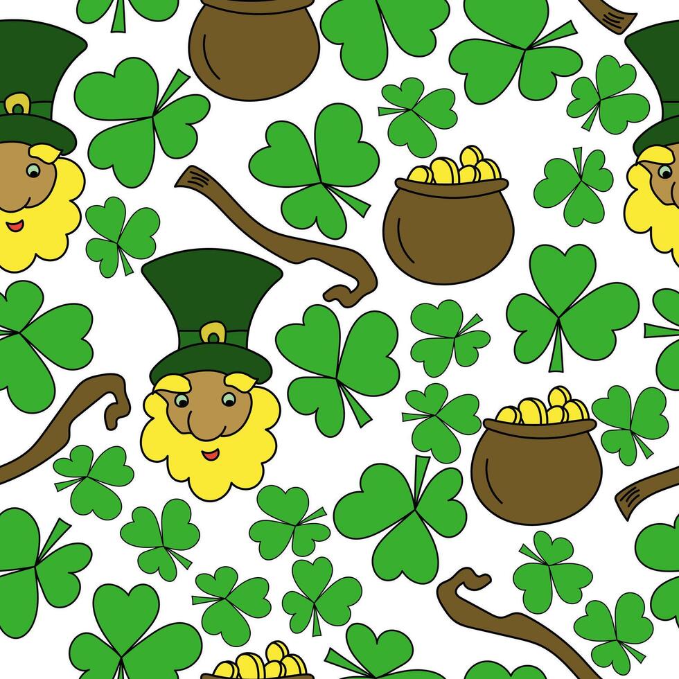 Seamless pattern with a leprechaun, a cauldron with coins and a staff, a symbol of good luck clover on a white background vector