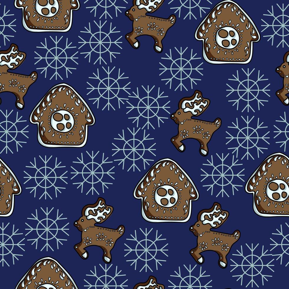 Festive Christmas gingerbread seamless pattern in the shape of a deer and a house with white icing and gray ornate snowflakes, sweet festive pastries on a dark blue background vector