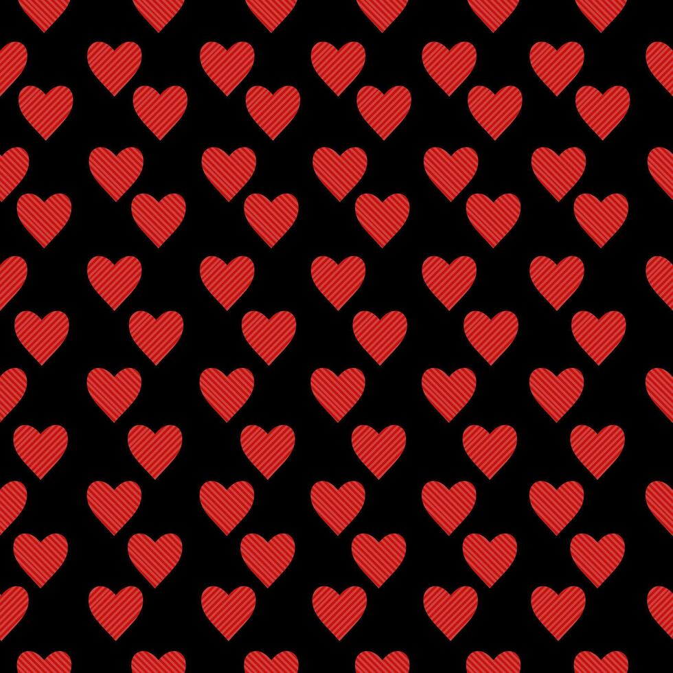 Red hearts seamless pattern with diagonal light stripes on a black background, symmetrical rows of two types of hearts, illustration vector