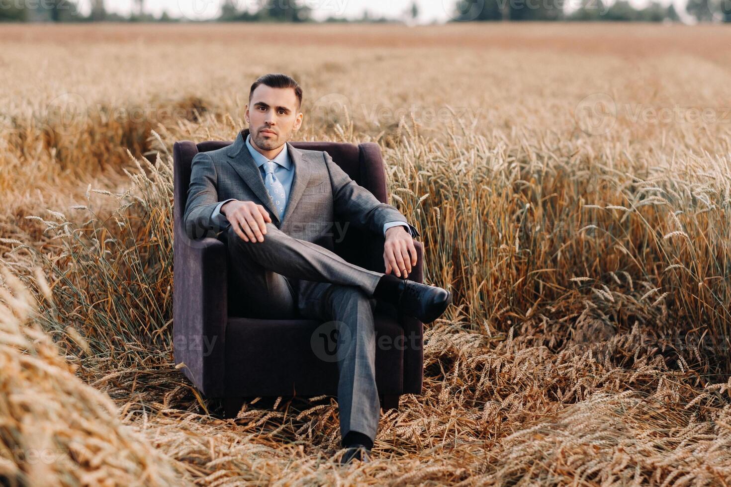 Portrait of a businessman in a gray suit and tie sitting in a chair in a wheat field photo