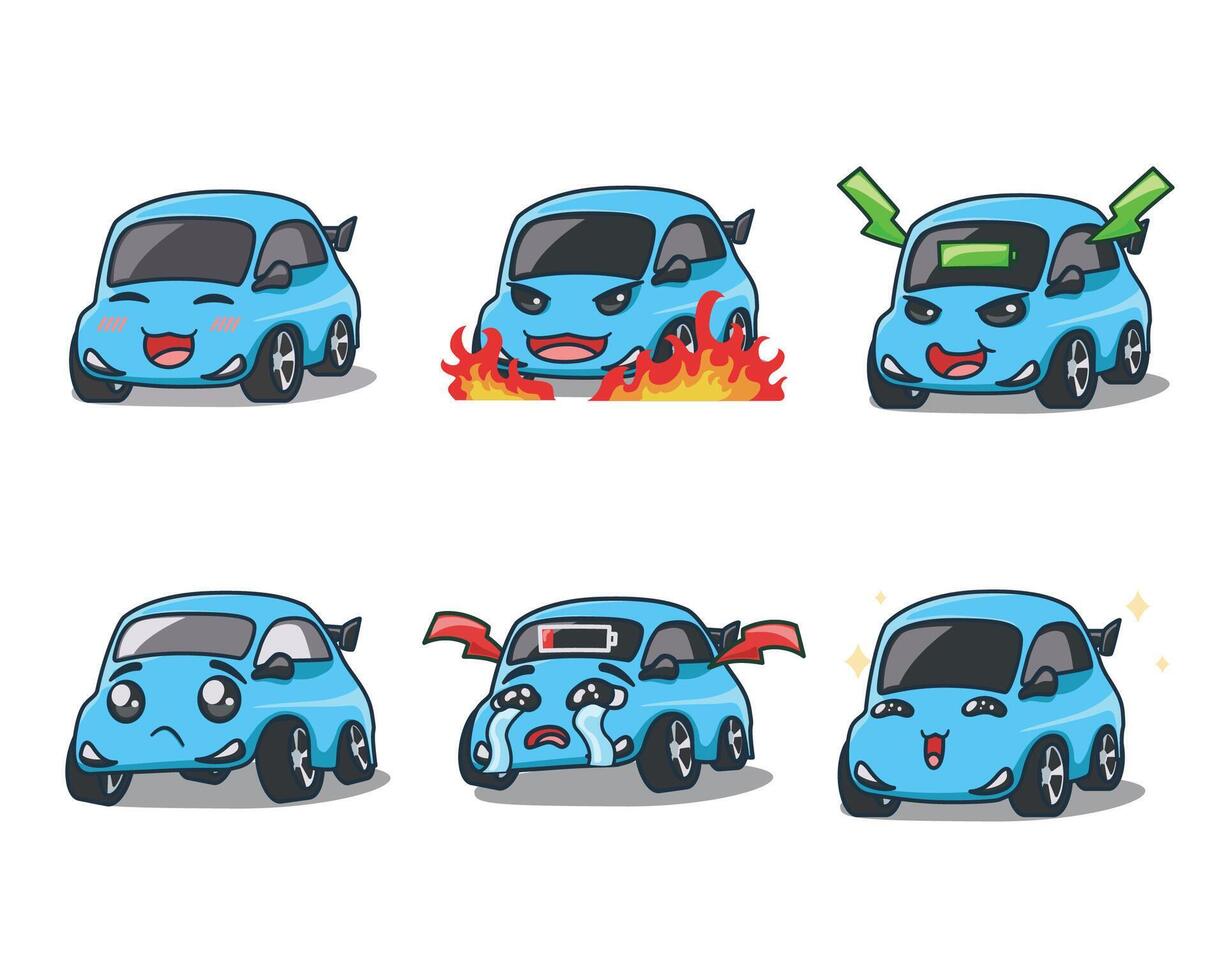cute and dynamic set of EV car emojis, unique expressions happy, power, anger, sad, blushing. Perfect for conveying fun emotions in automotive themed designs vector