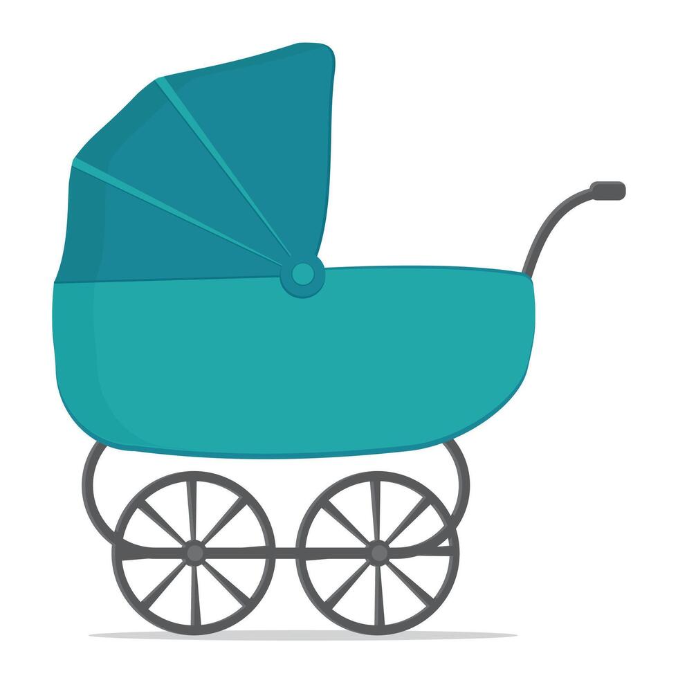 Baby stroller in blue, isolated cartoon-style illustration vector