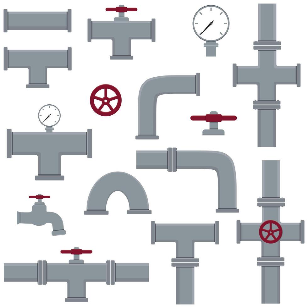 A set of industrial pipelines. Oil, water or gas pipeline with fittings and valves. Isolated illustration vector