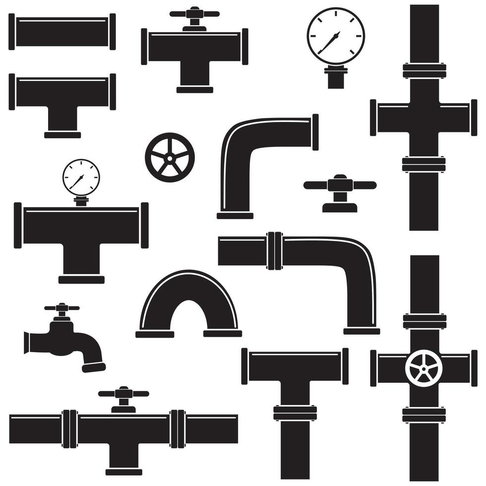 A set of pipelines with taps and water meters. Black stencil icon. Linear illustration. White background. Illustration of a water supply system. vector