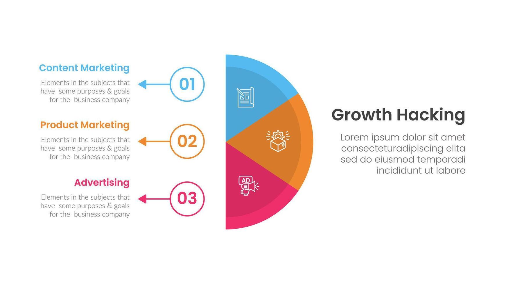 growth hacking infographic 3 point with vertical half circle with outline circle and arrow for slide presentation vector