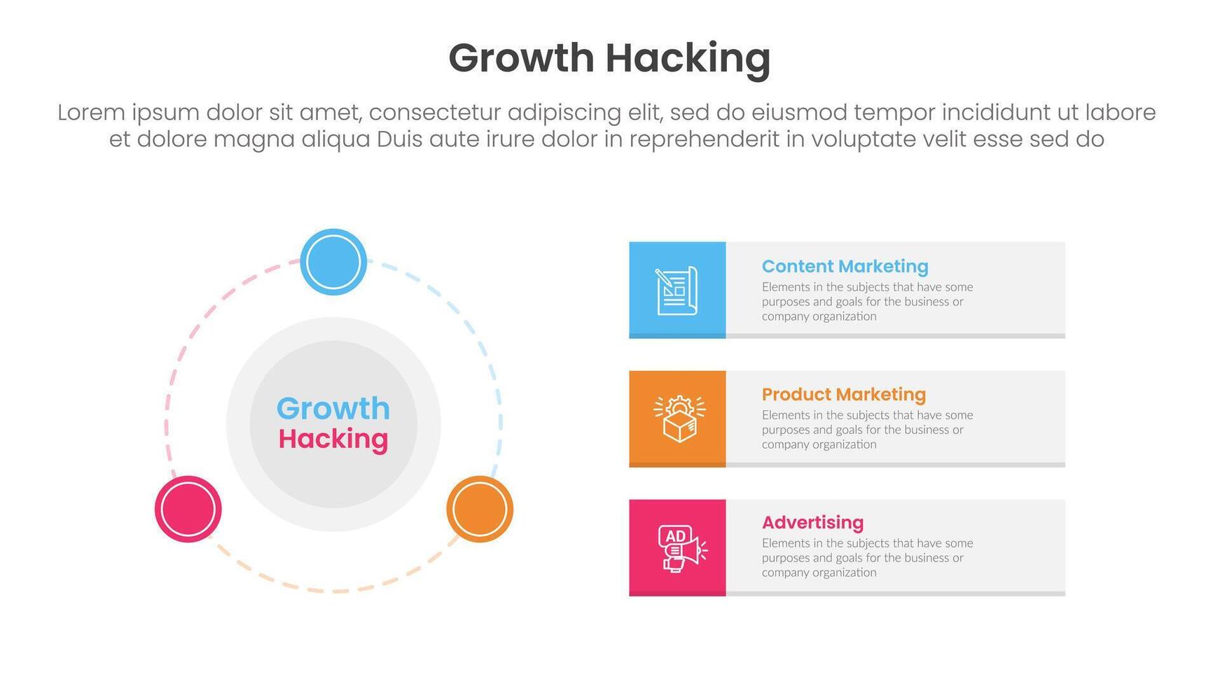 growth hacking infographic 3 point with big circle and outline badge on the line for slide presentation vector