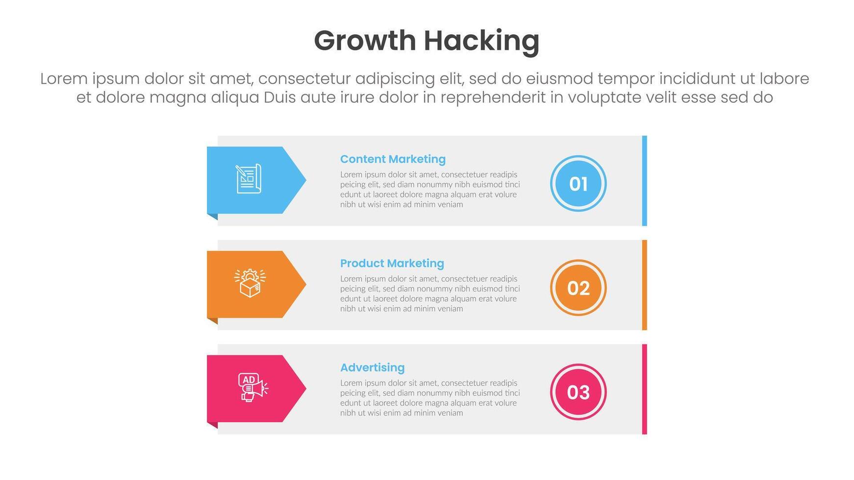 growth hacking infographic 3 point with long rectangle box container with arrow badge side for slide presentation vector