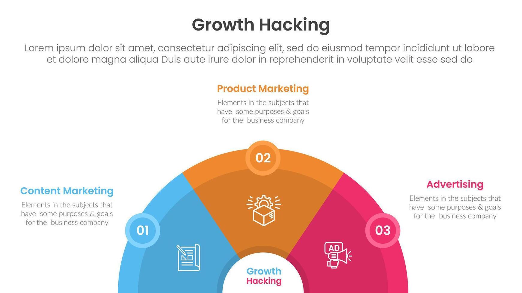 growth hacking infographic 3 point with half circle horizontal with circle badge for slide presentation vector