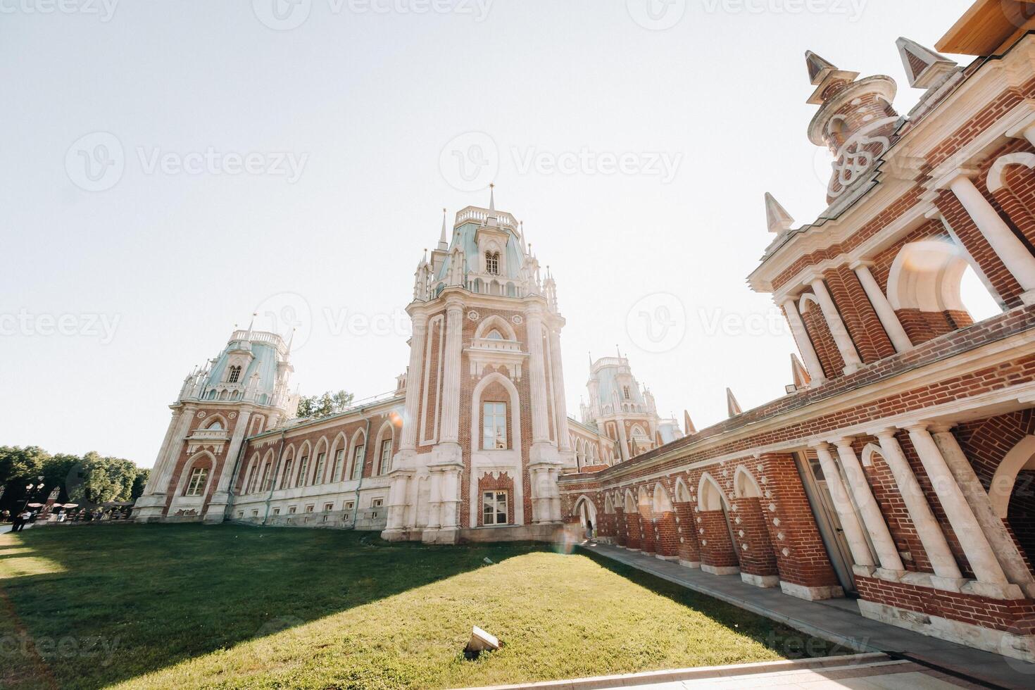 Grand Palace in Tsaritsyno in summer, Russia. Tsaritsyno Park is one of the main tourist attractions in Moscow. Beautiful scenic view of the old Tsaritsyn complex in summer photo