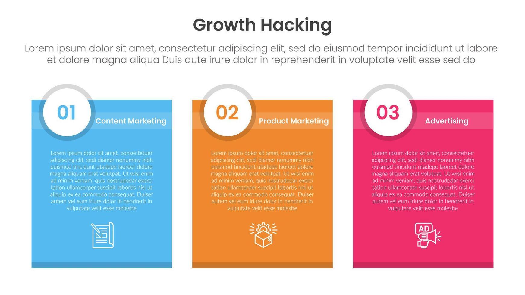 growth hacking infographic 3 point with box container table with circle badge header for slide presentation vector
