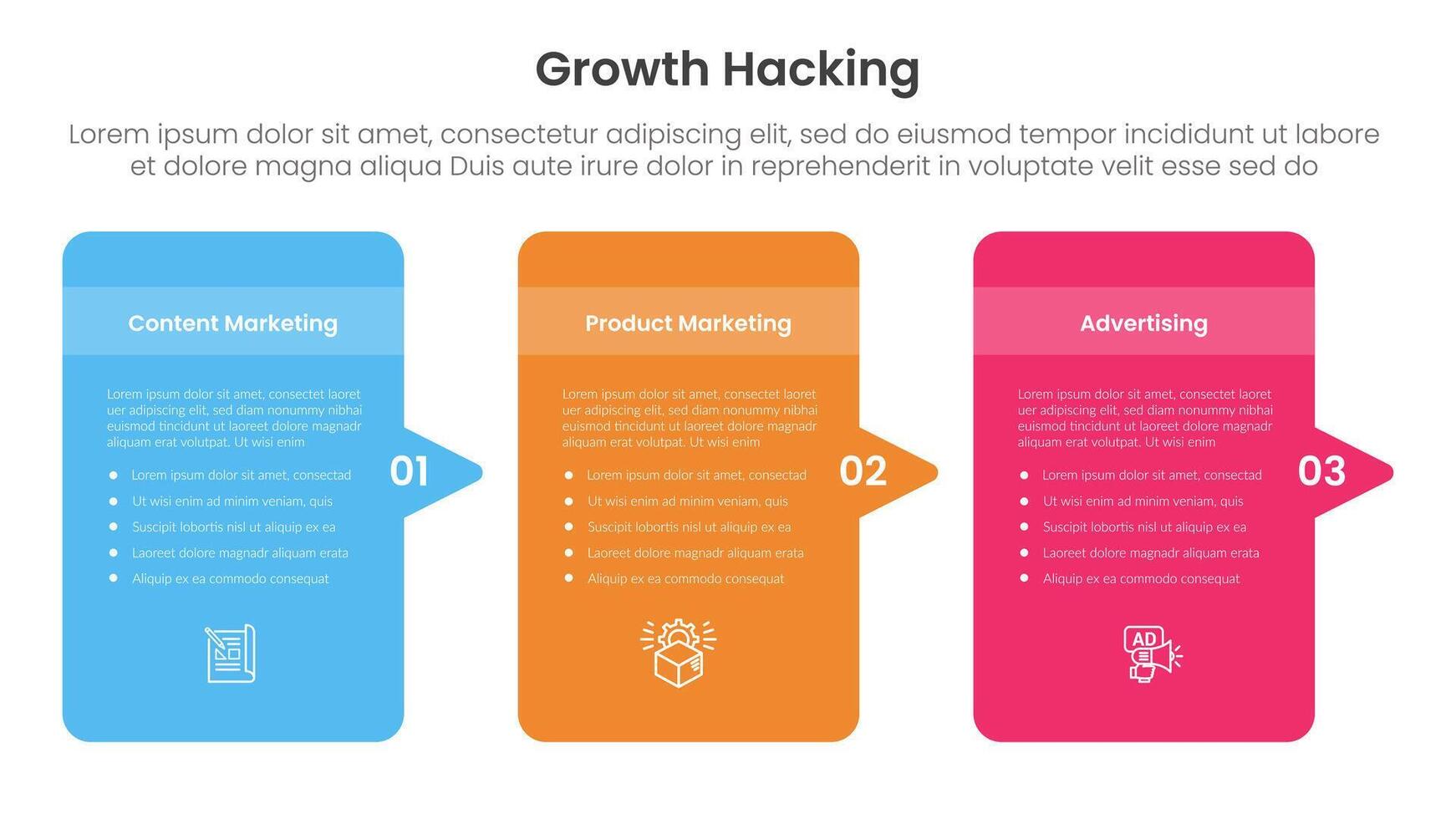 growth hacking infographic 3 point with round box container with arrow right side direction for slide presentation vector