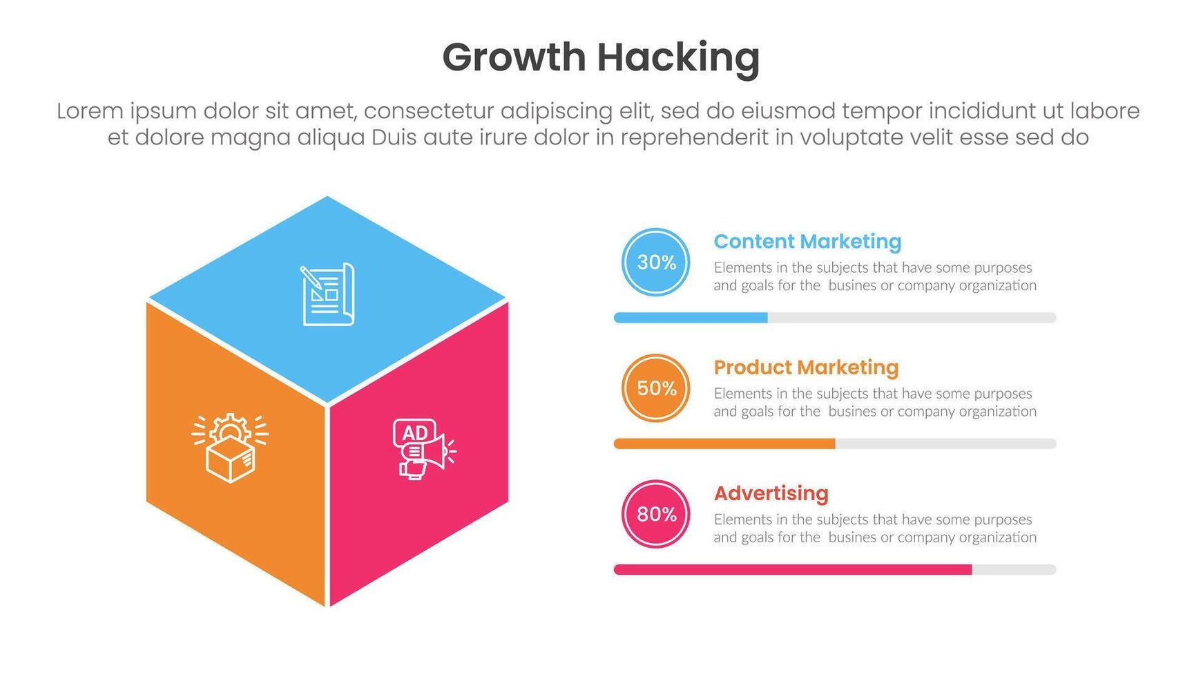 growth hacking infographic 3 point with 3d box shape with circle progress description for slide presentation vector