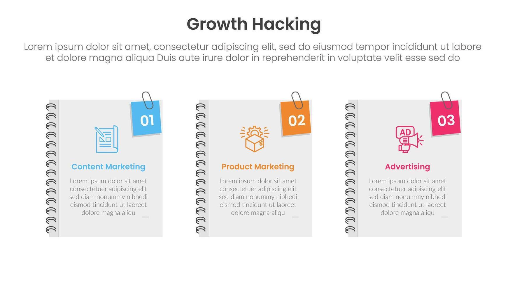 growth hacking infographic 3 point with books cover with pin holder on right side for slide presentation vector