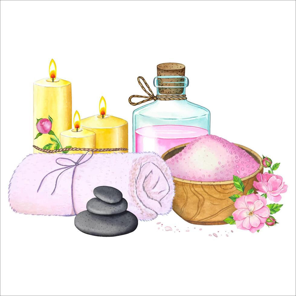 Spa composition with a bottle, towel, mortar with salt, candles. Hand drawn watercolor illustration of body care products vector