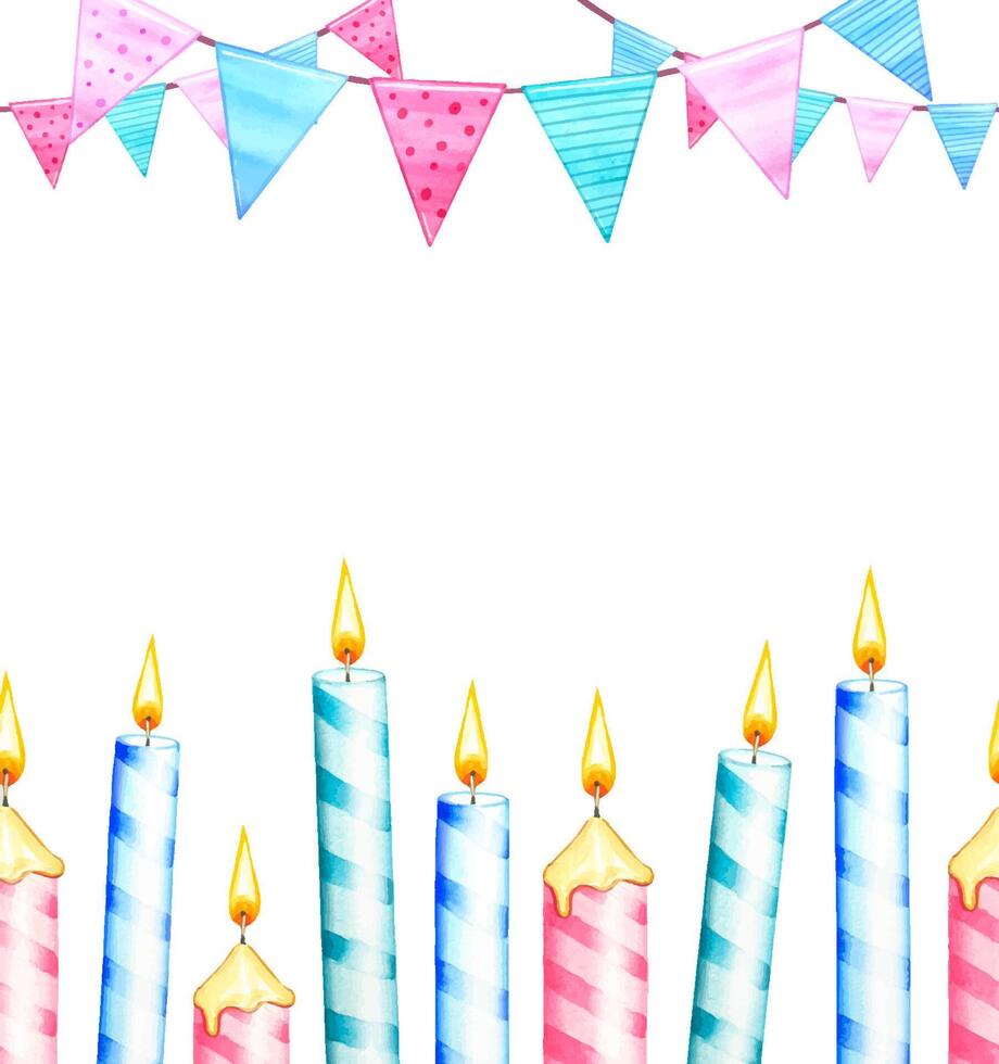 Seamless border with a pink, blue striped candles, garlands. Watercolor vector