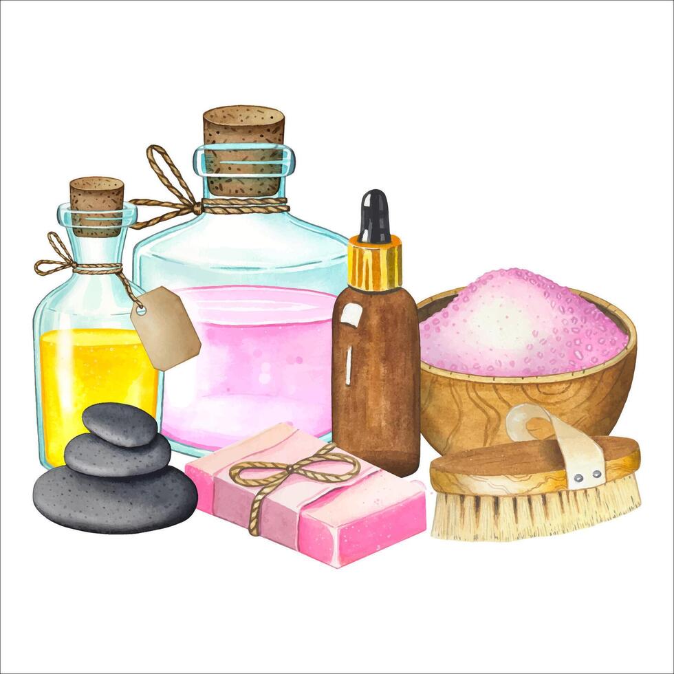 Spa composition with a oil bottles, mortar with salt, soap, brush, stones. Hand drawn watercolor illustration of body care products vector