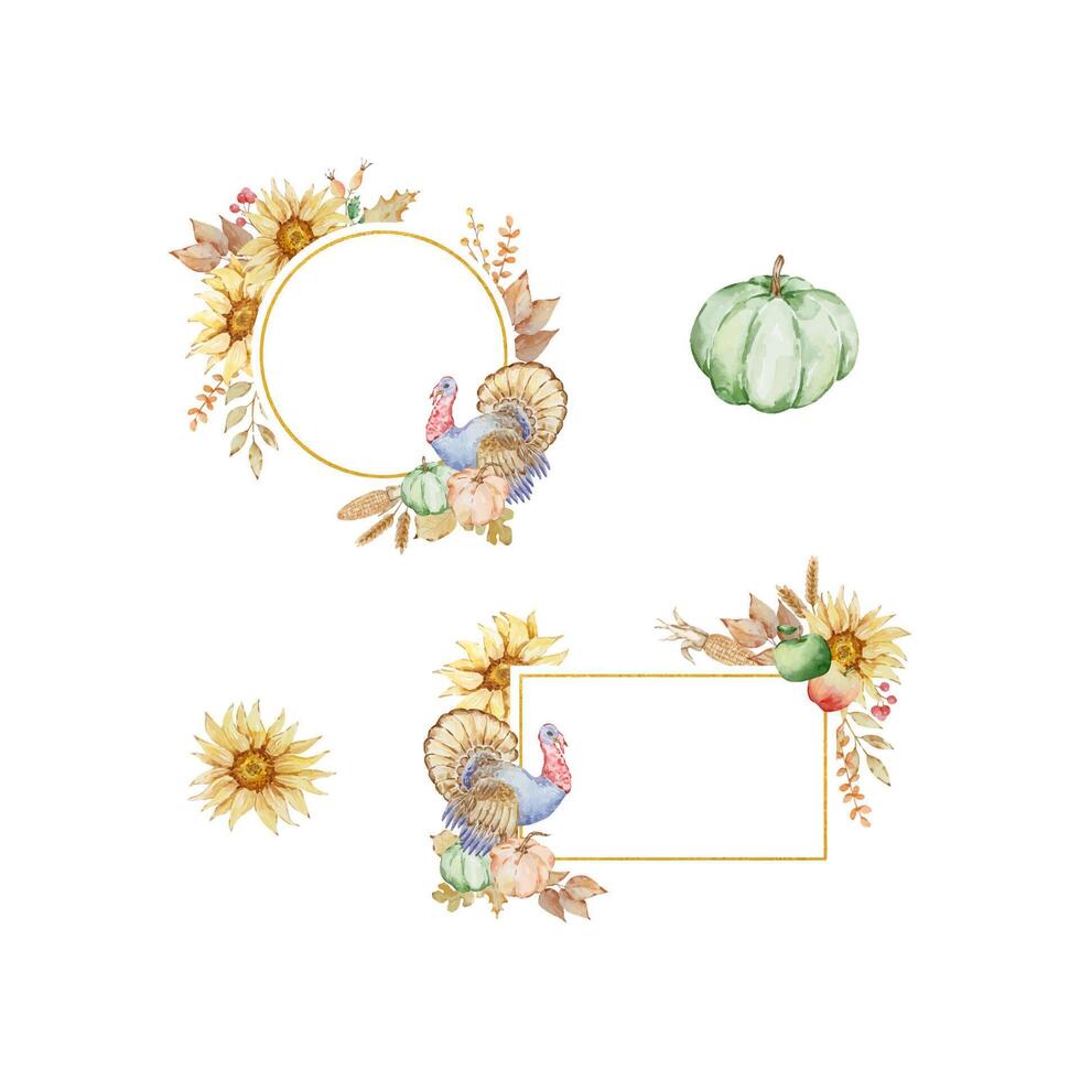 Watercolor autumn gold frames set with pumpkin, sunflowers, turkey, fall leaves vector
