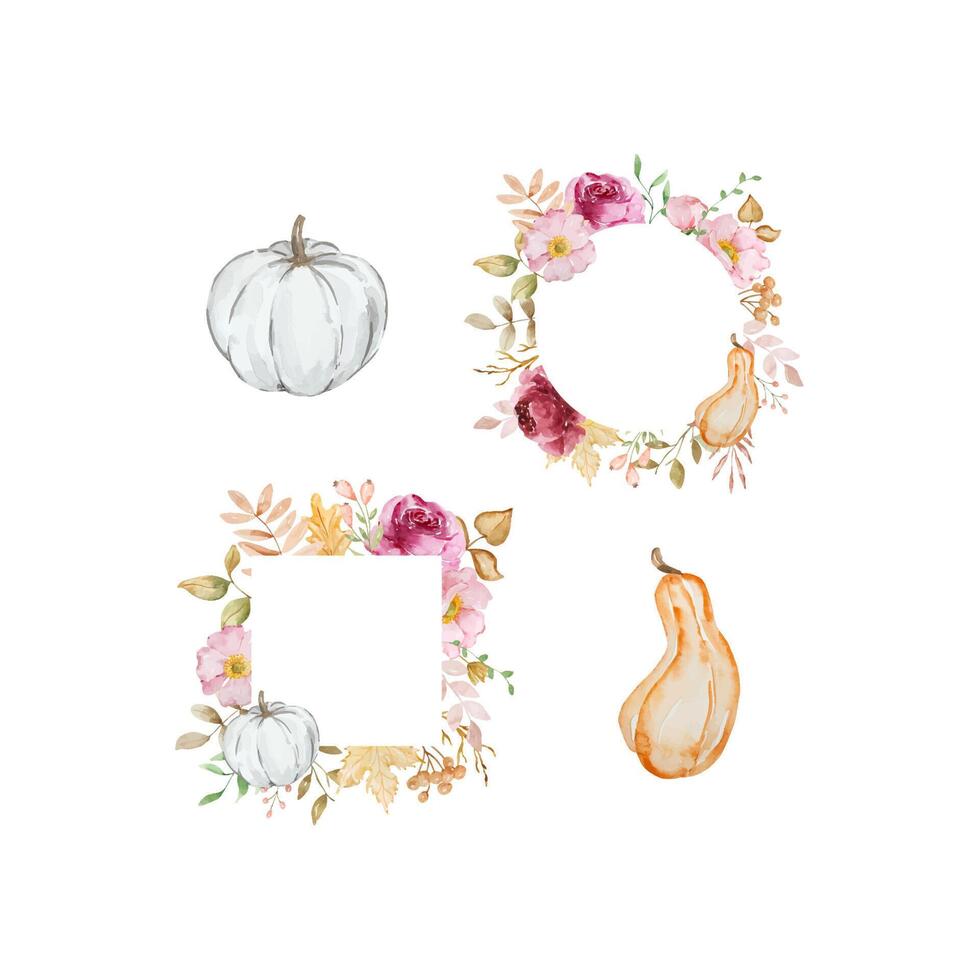 Watercolor autumn frames set with pumpkins, flowers, fall leaves vector