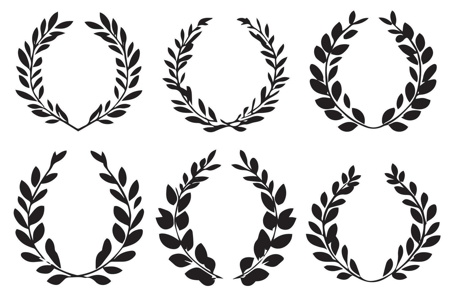 Set of black laurel wreath silhouettes on a white background, minimal and elegant award or victory symbol designs vector