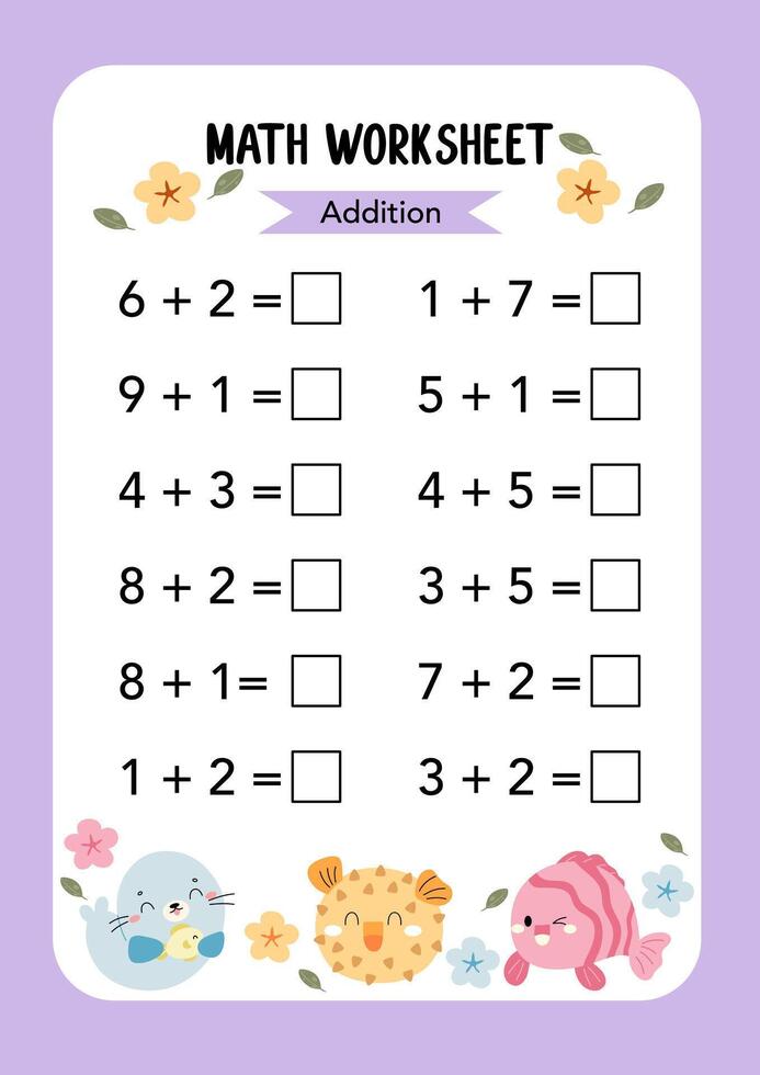 Math Worksheet educational how many activities for children. Learning addition, subtraction. Preschool printable worksheet activity, count and write the result. First grade worksheets. vector