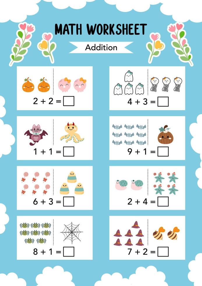 Math Worksheet educational how many activities for children. Learning addition, subtraction. Preschool printable worksheet activity, count and write the result. First grade worksheets. vector