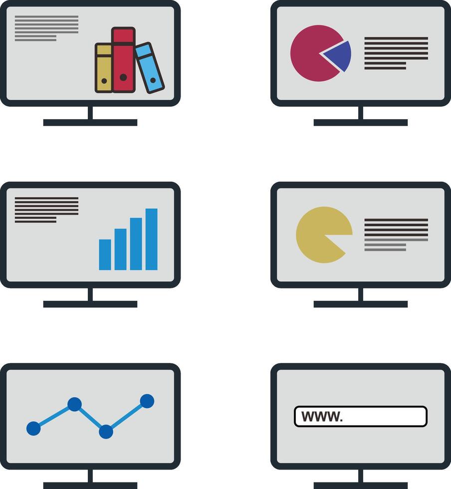 Various icons of different types of information on a monitor vector