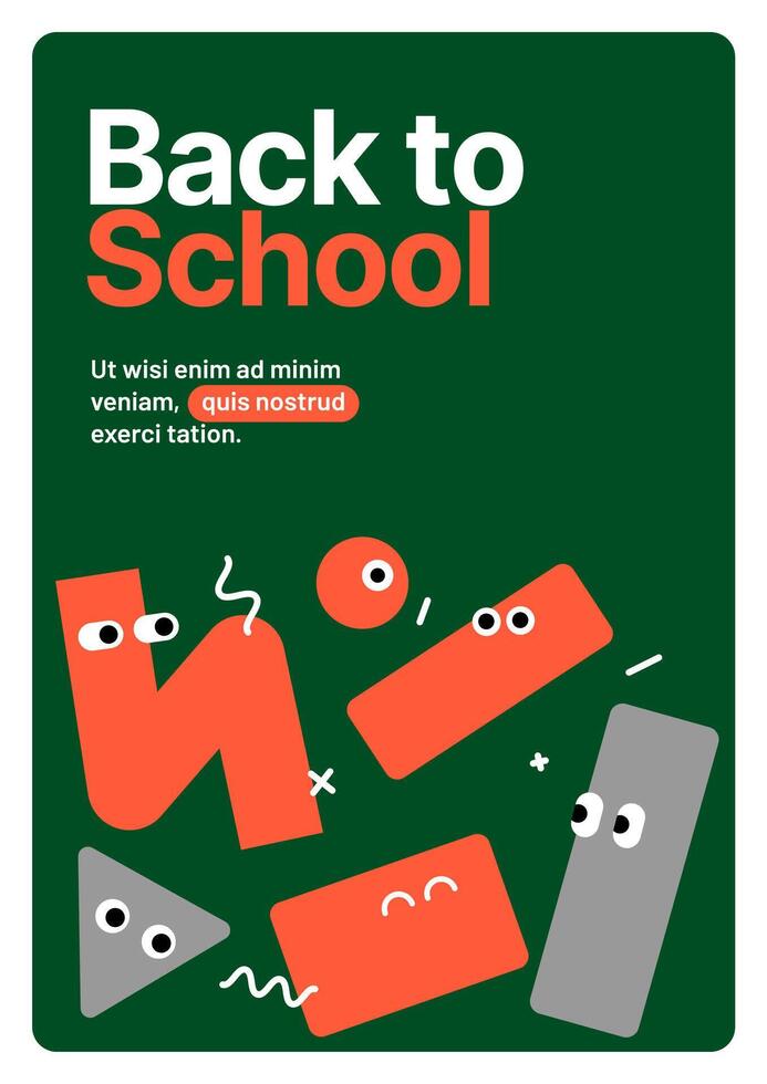 Back to school layout template. Design with colorful cartoon characters and typography for your flyer, poster, cover, brochure or banner. Trendy promo labels. vector
