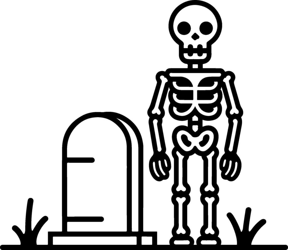 Cartoon skeleton standing by gravestone in spooky outline art vector