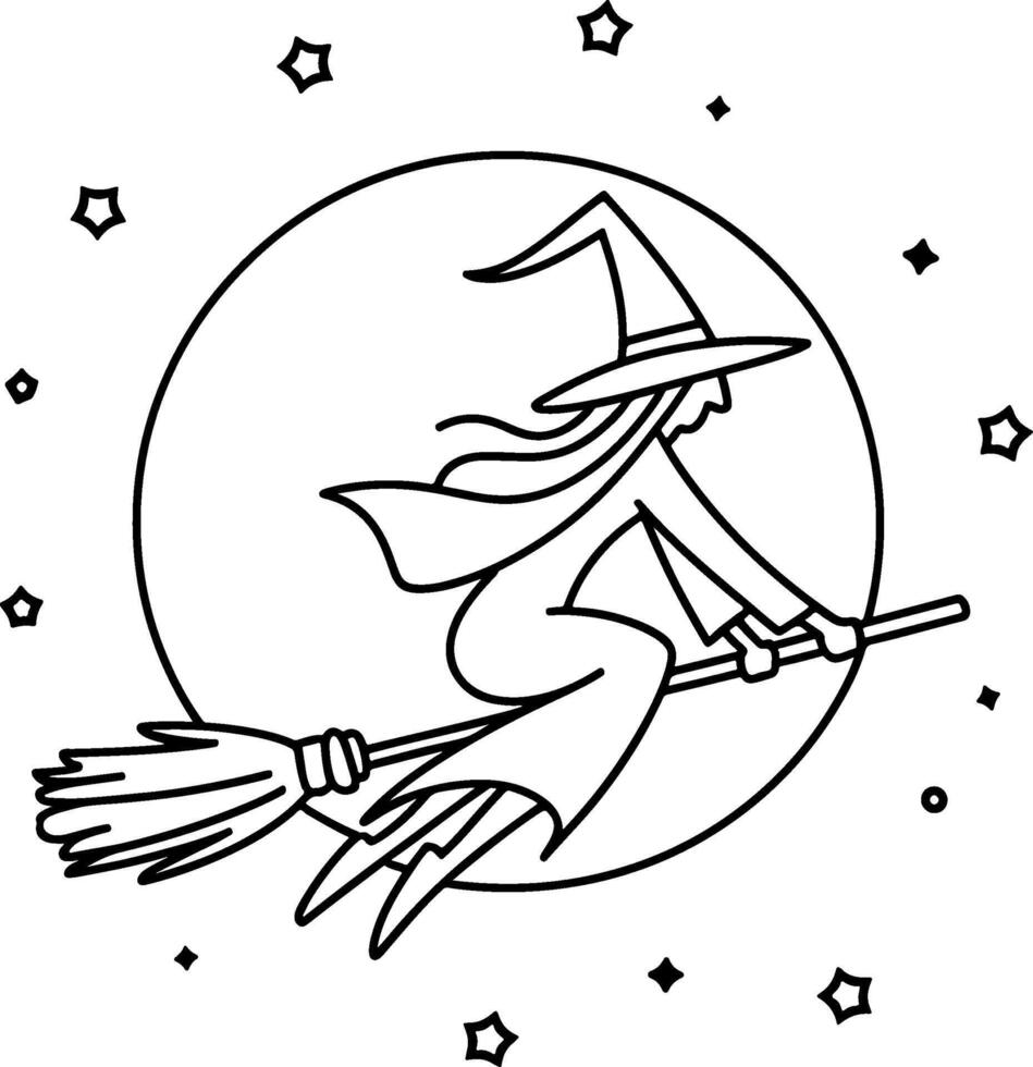 Witch silhouette on broomstick with starry night sky in background vector