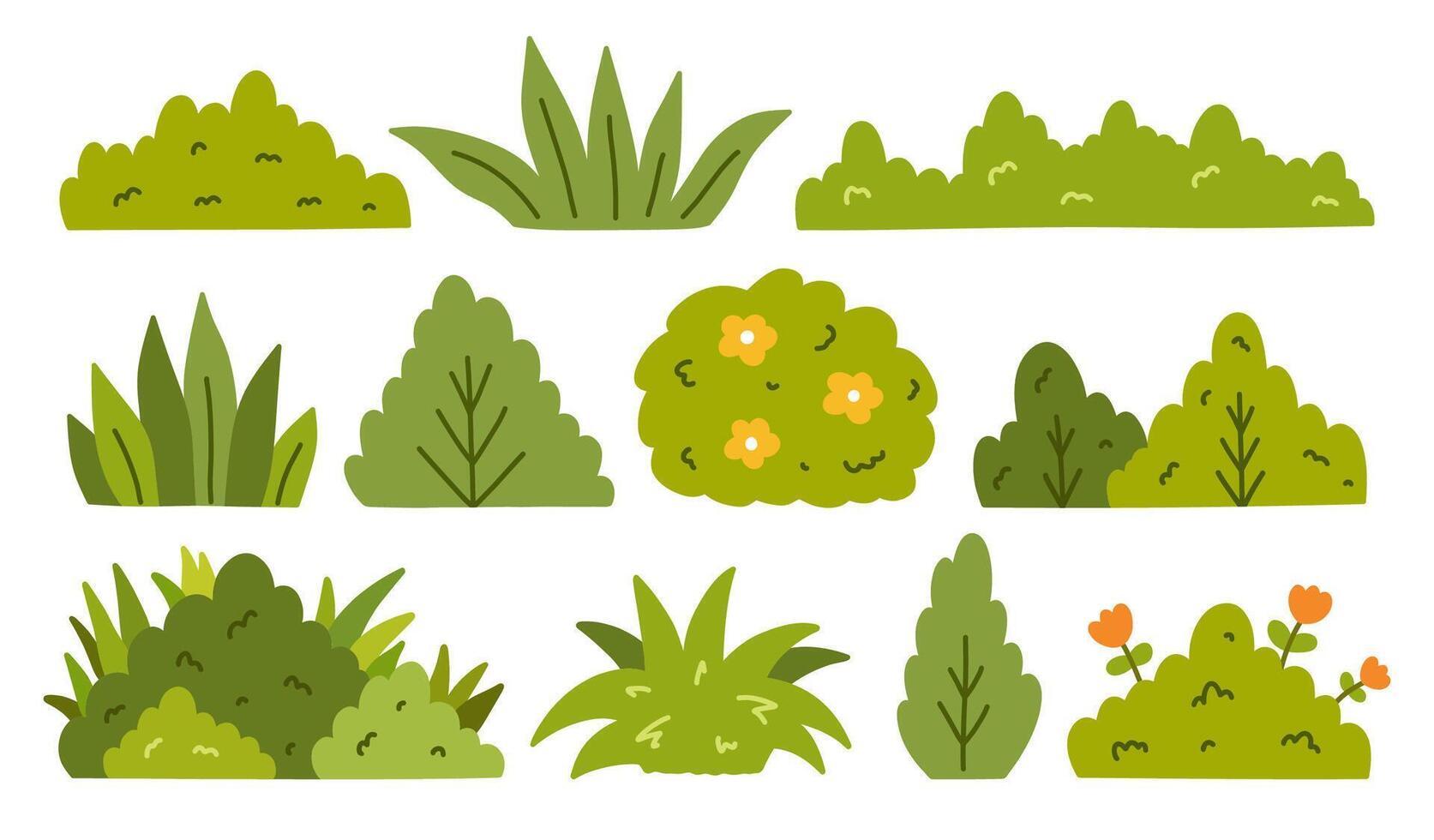 A set of bushes of various shapes isolated on a white background. hand-drawn illustration in a flat style. Perfect for cards, decorations, logo, various designs. vector