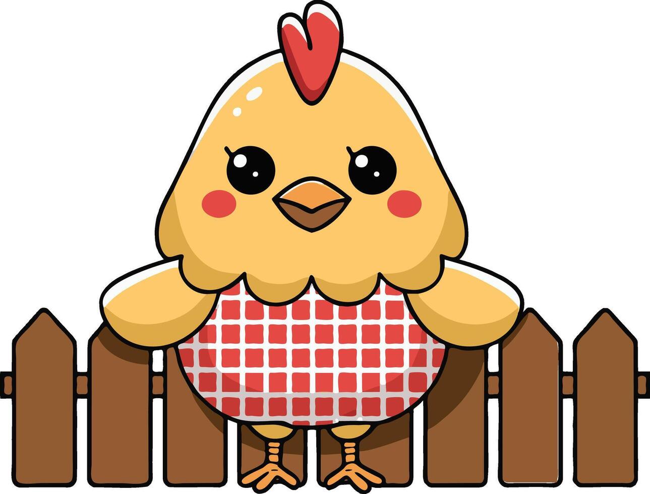 Cute cartoon chicken in checkered apron standing in wooden fence. perfect for children content and farm life themes vector