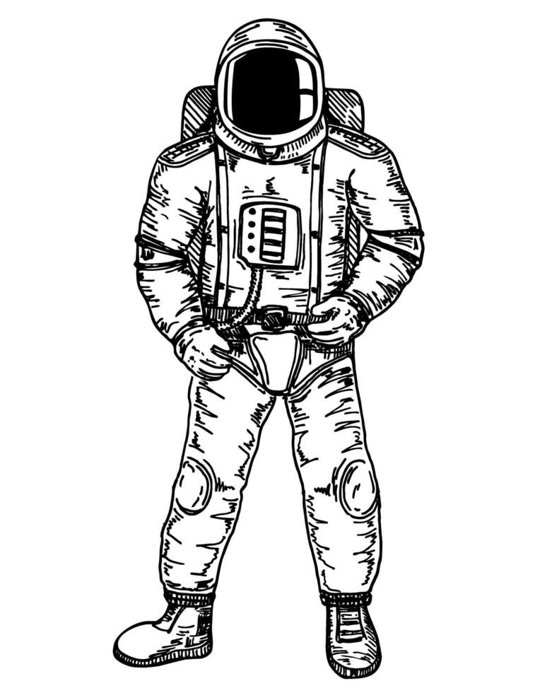 Hand drawn Astronaut with black glass on the helmet. Spaceman. Cosmonaut explore adventure. engraved hand drawn in old sketch vector