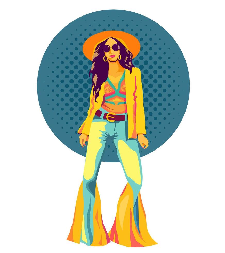 Girl wearing hippie clothes and sunglasses of the 60s and 70s. Portrait of young woman. Groovy baby. Funky characters for stickers, card, social media template vector