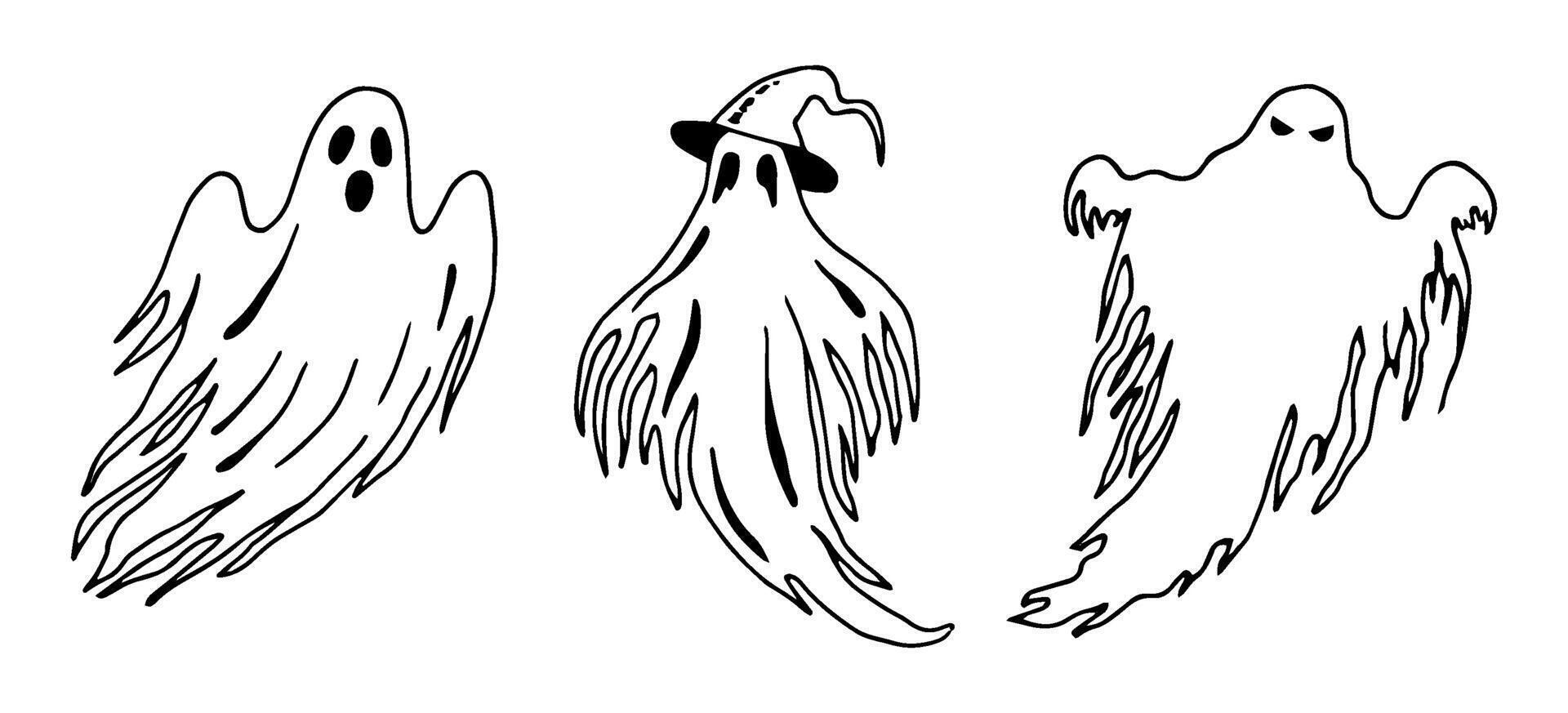 Set of scary ghosts. Halloween graphic illustration. Hand drawn isolated line silhouette. Monochrome creepy clipart for horror holiday. Night magic creature. Clipart in simple doodle style vector