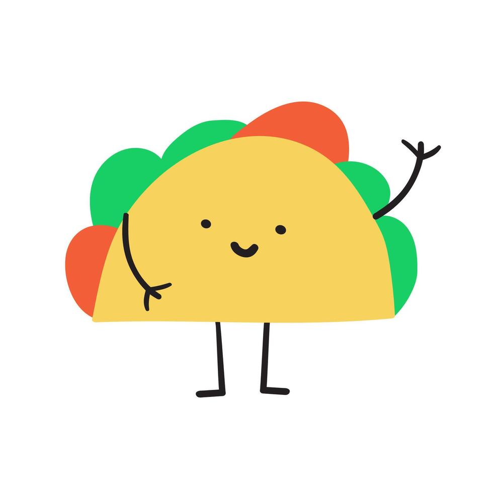 Cute taco character waving. Hand drawn flat design. illustration on white background. vector