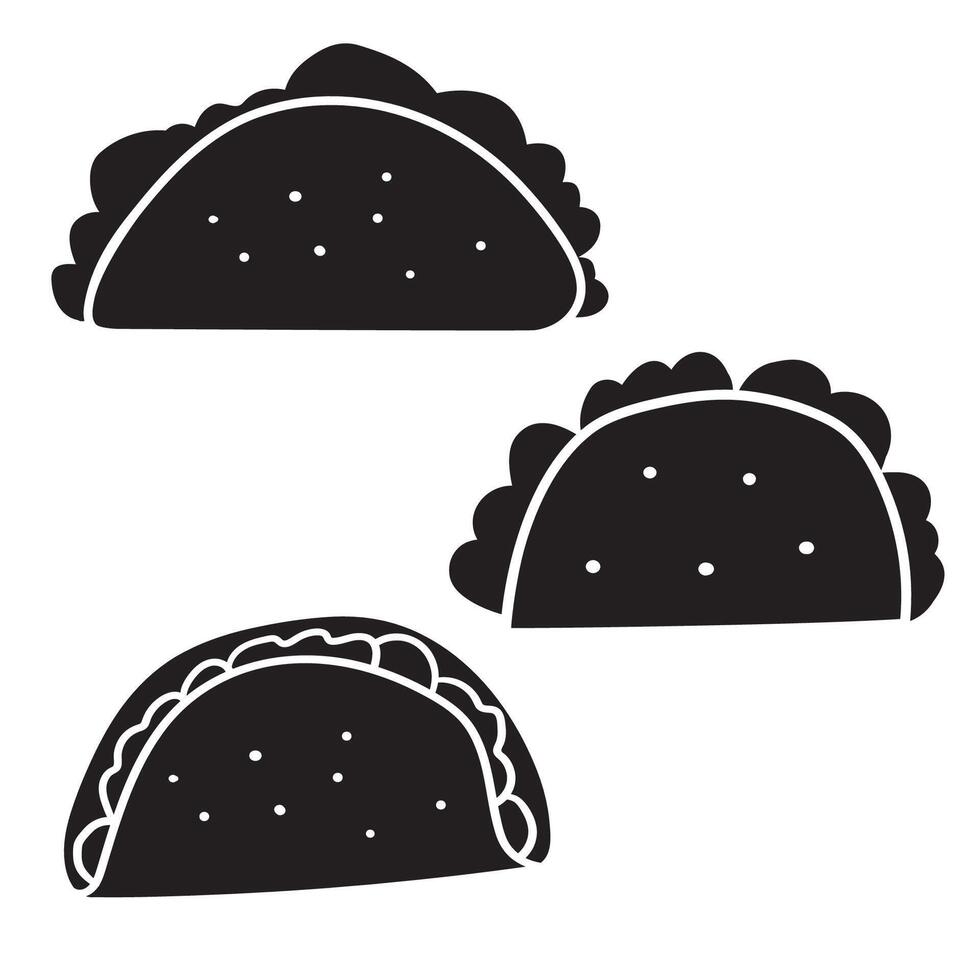 Taco. Silhouettes. Set of isolated icons. Hand drawn design. Black color. illustrations on white background. vector
