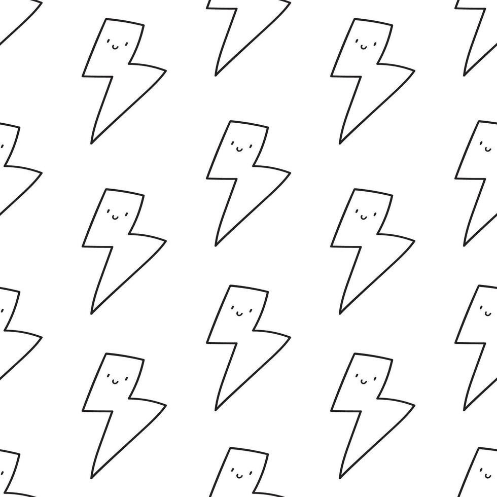 Seamless pattern. Outline design. Smiling cute lightning. Illustration on white background. vector