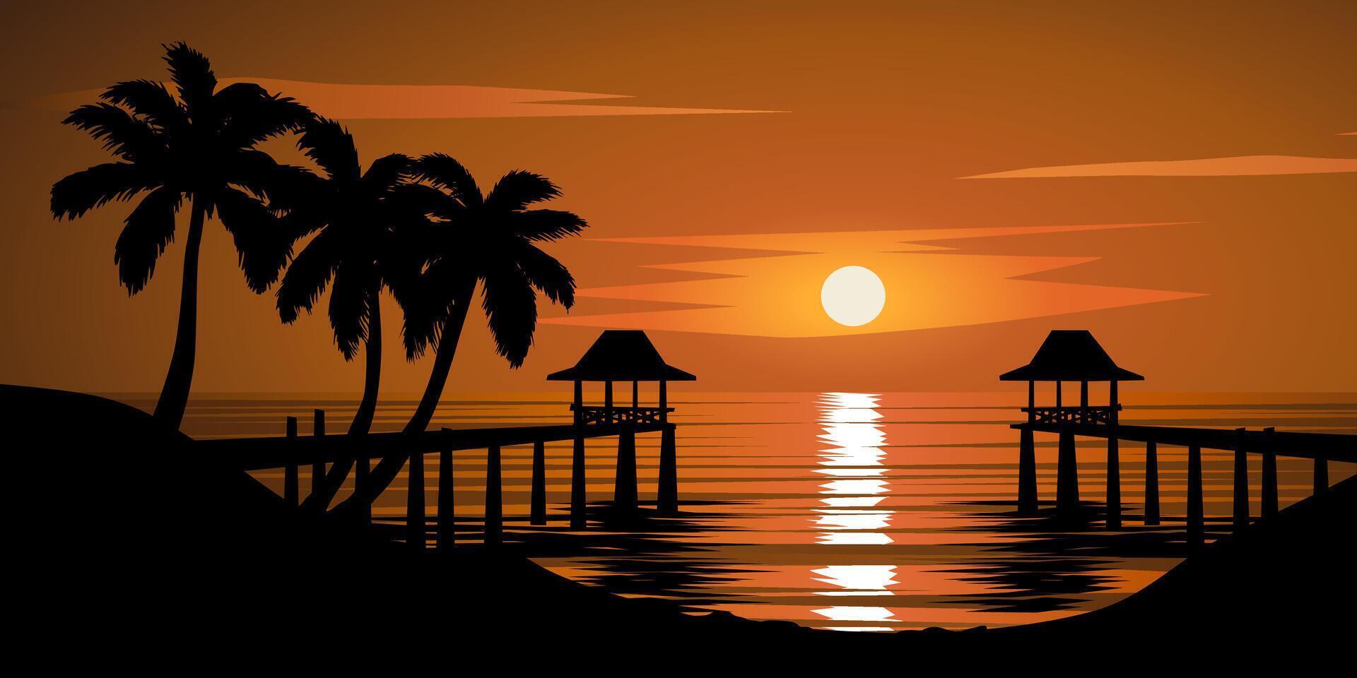 Beautiful tropical sunset with palm trees and resort vector