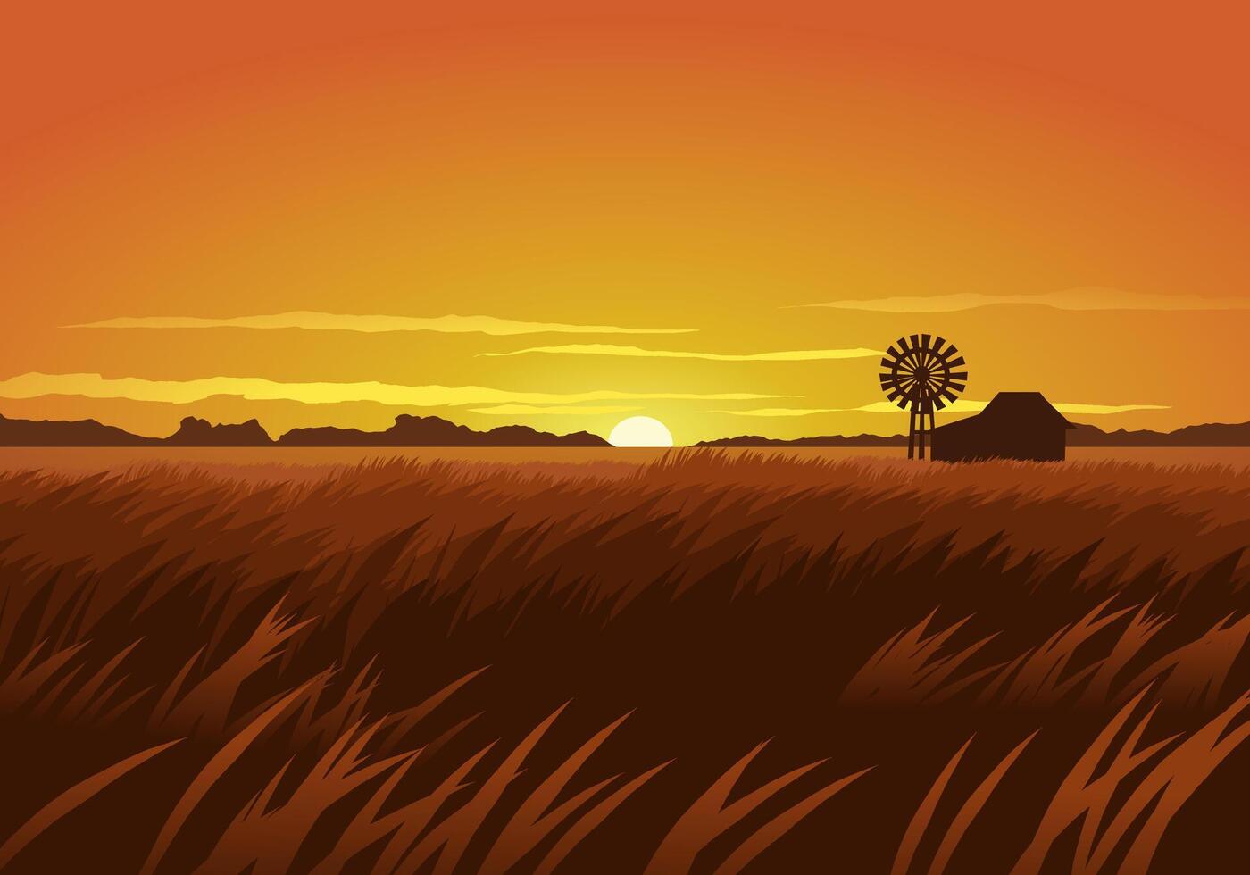 Amazing sunset over wheat field vector