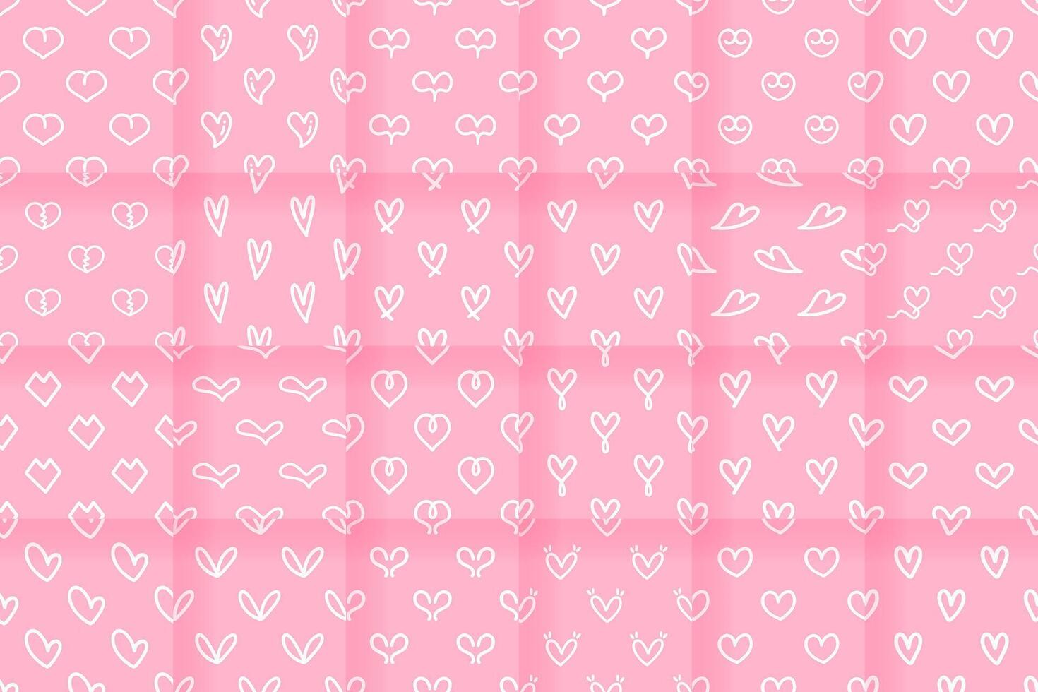 Collection of Seamless patterns of Cute hearts cartoon doodle on pink background. vector